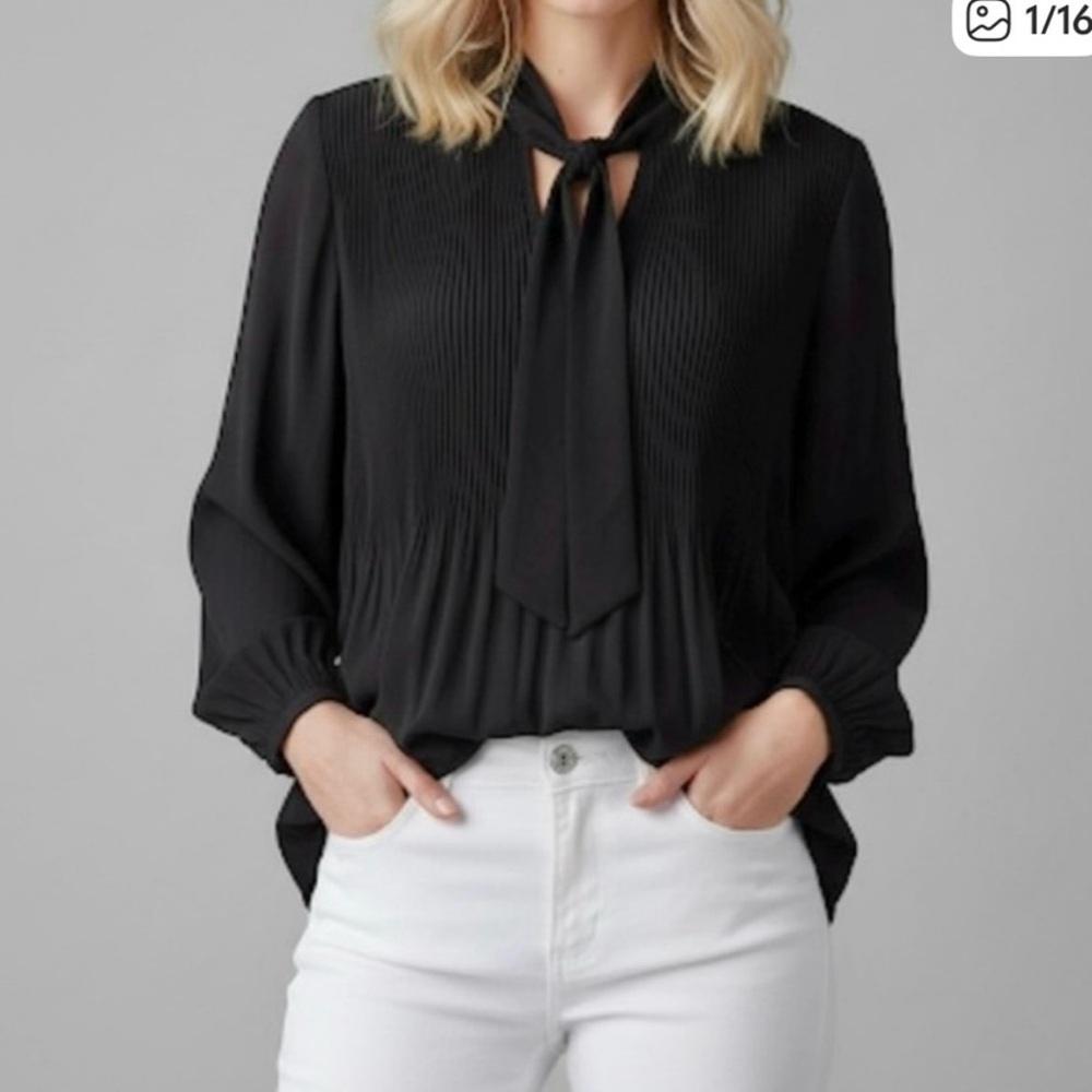 Adrianna Papell Top Black Pleated Tie Front Blouse NWT S